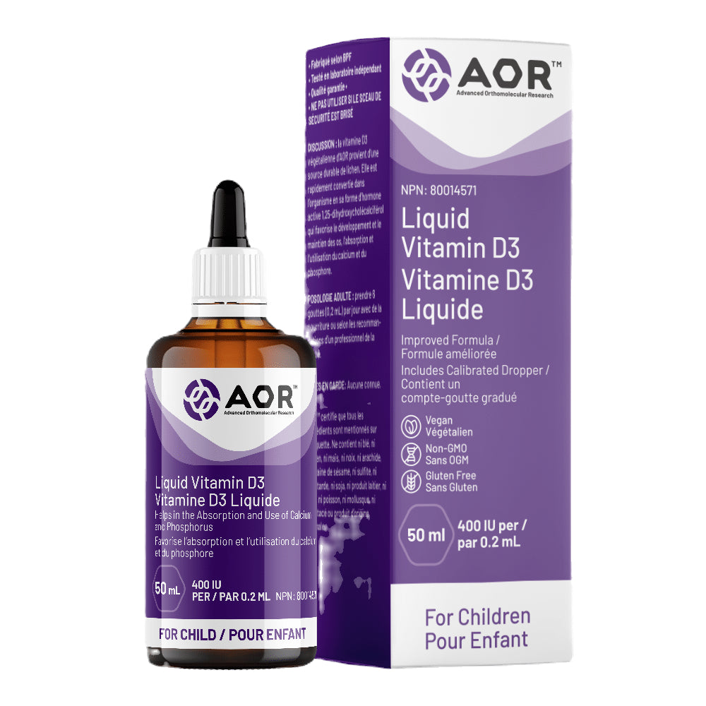 AOR Liquid Vitamin D3 bottle for kids on a white background