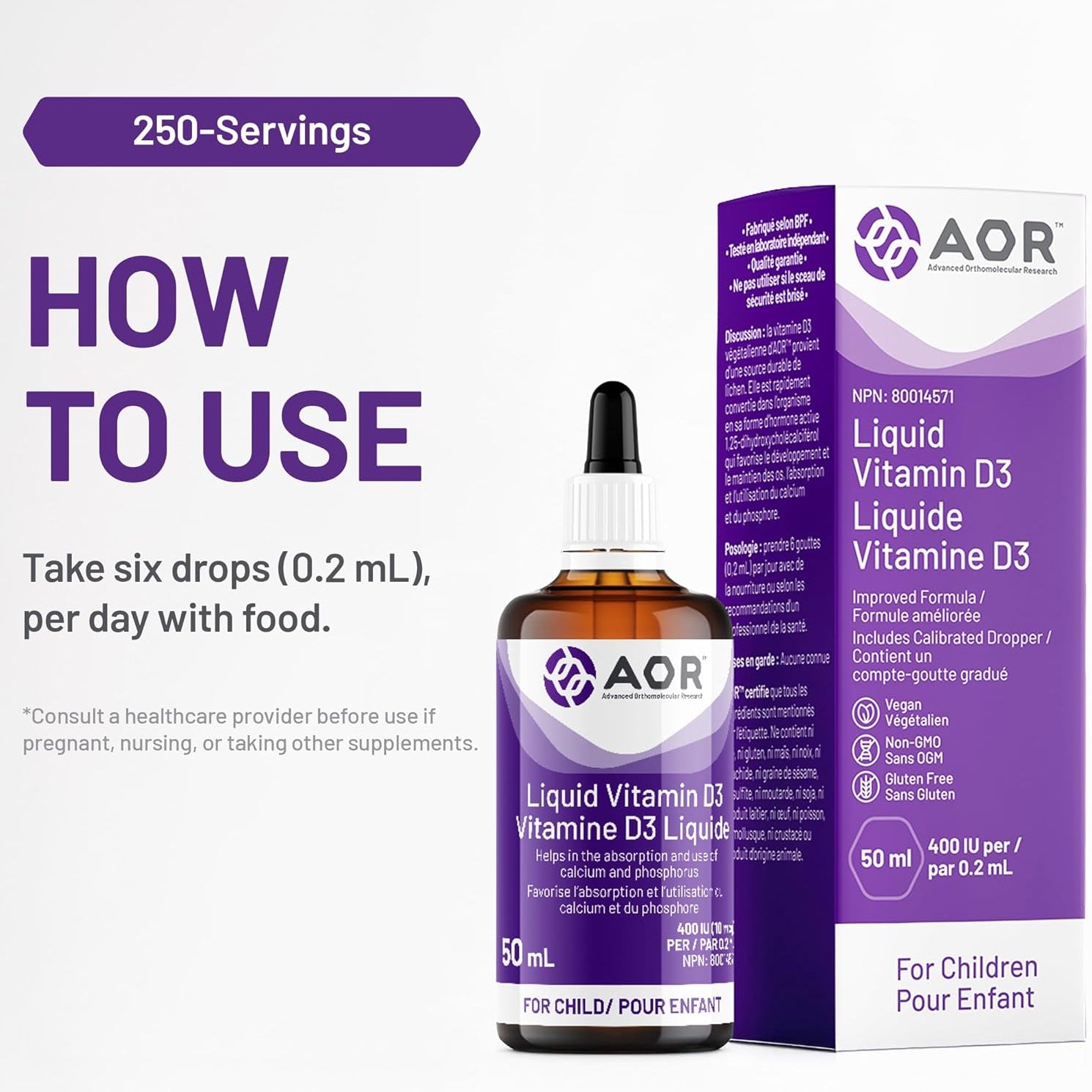 AOR Liquid Vitamin D3 bottle and packaging on a white background