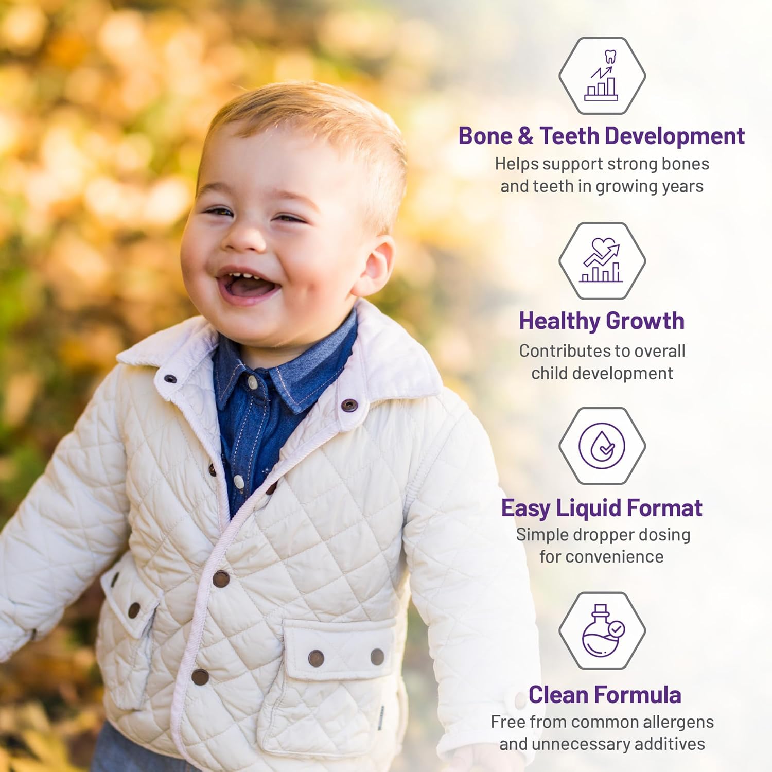 Child in a quilted jacket with health benefits text overlay
