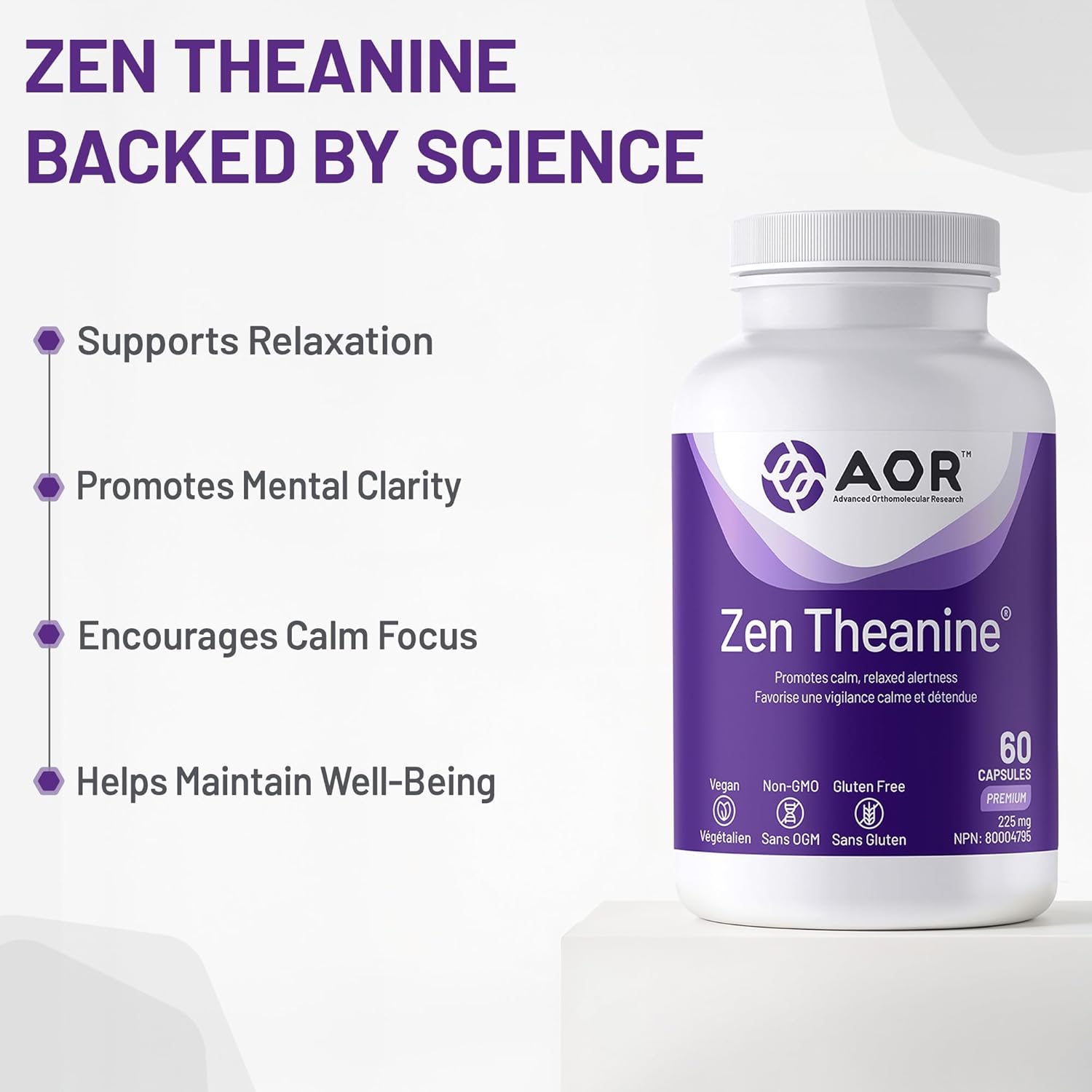 AOR Zen Theanine supplement bottle with benefits listed on a white background