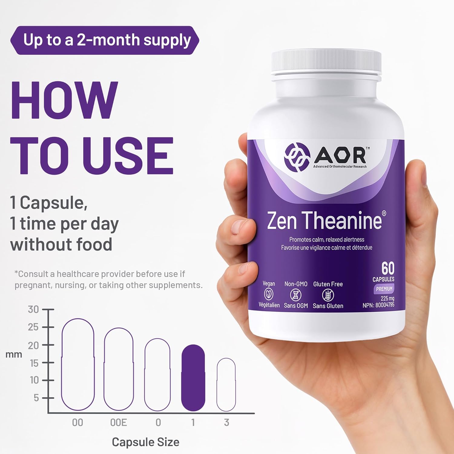 AOR Zen Theanine supplement bottle held by a hand with usage instructions on a white background