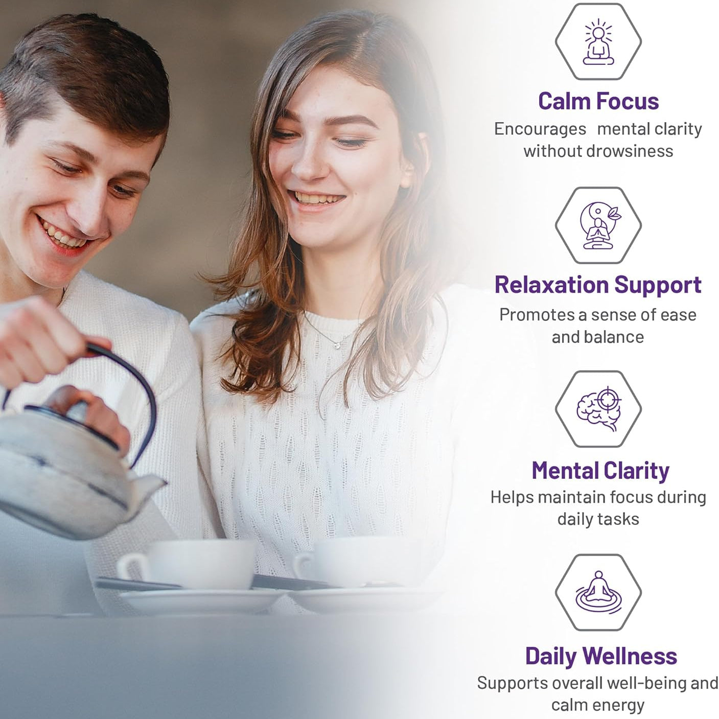 Two people enjoying a warm beverage together with text highlighting benefits of their activity.