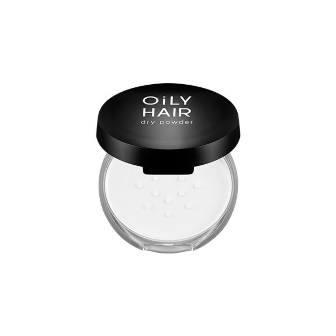 Oily Hair dry powder with black lid on a white background