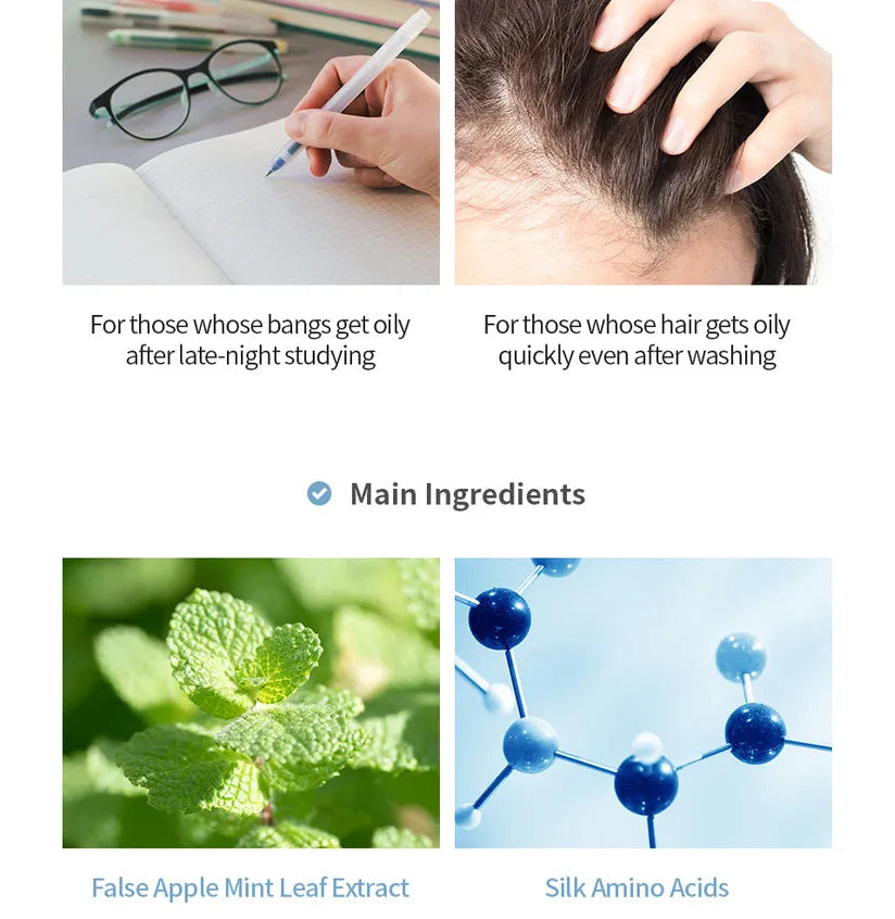 Product advertisement with images of a person studying, hair care product, false apple mint leaf extract, and silk amino acids.