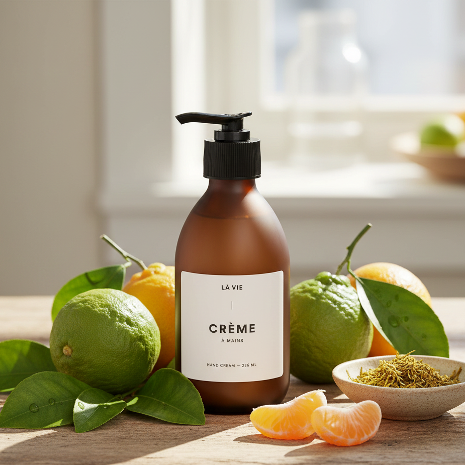 Hand cream bottle labeled 'La Vie Crème à Mains' surrounded by citrus fruits on a wooden surface.