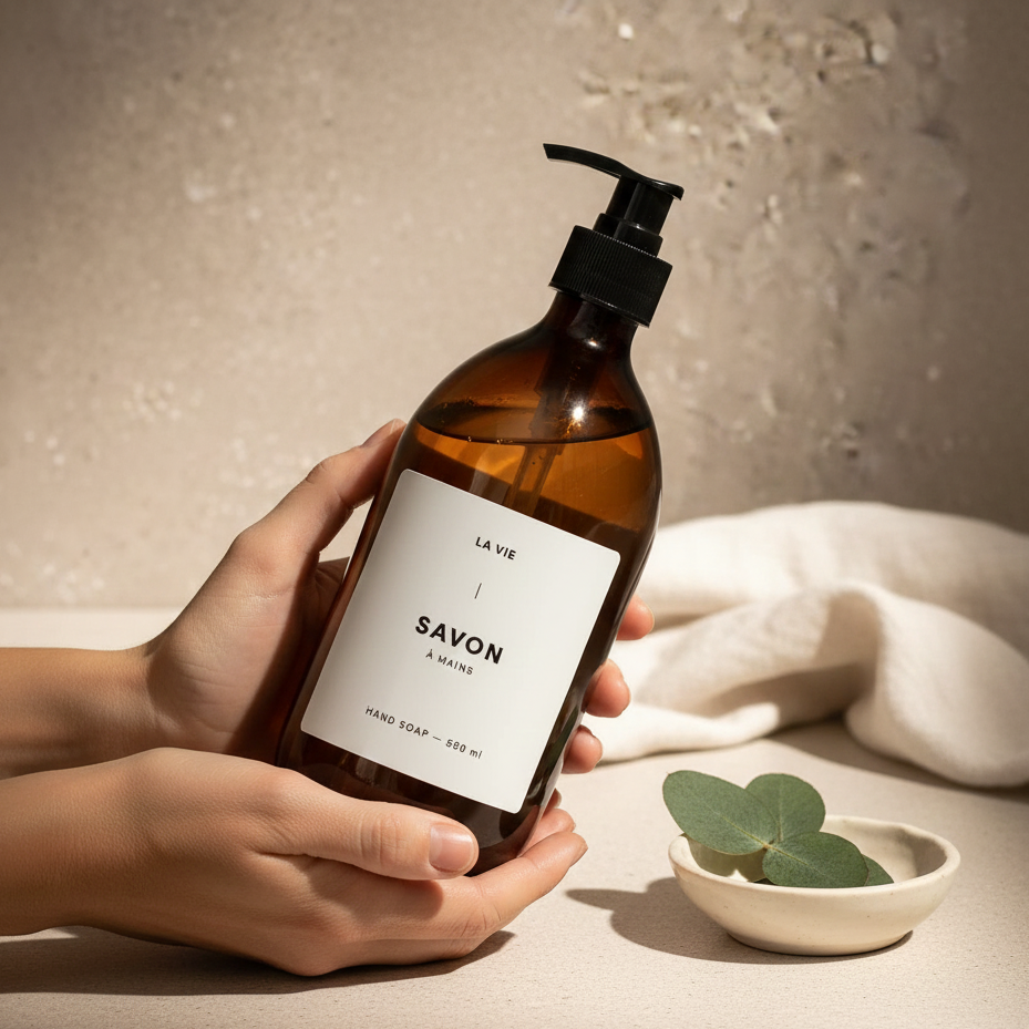 Hand holding a bottle of 'La Vie' soap with a neutral background