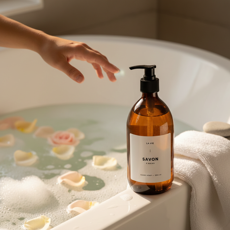 Brown soap bottle labeled 'SAVON' in a bathtub with floating flowers