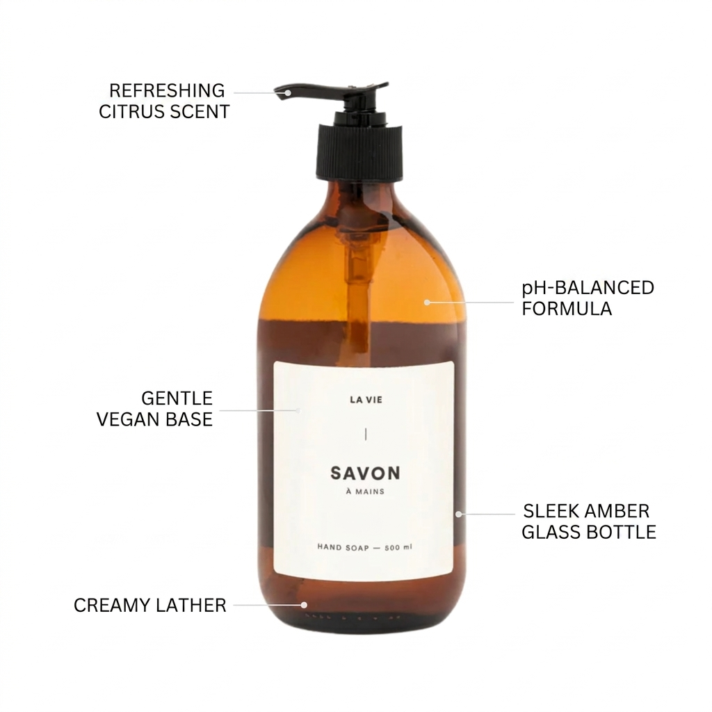 Amber glass hand soap bottle with pump and 'La Vie' label on a white background
