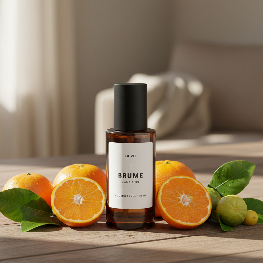 Bottle of 'La Vie Brume' with oranges and leaves on a wooden surface