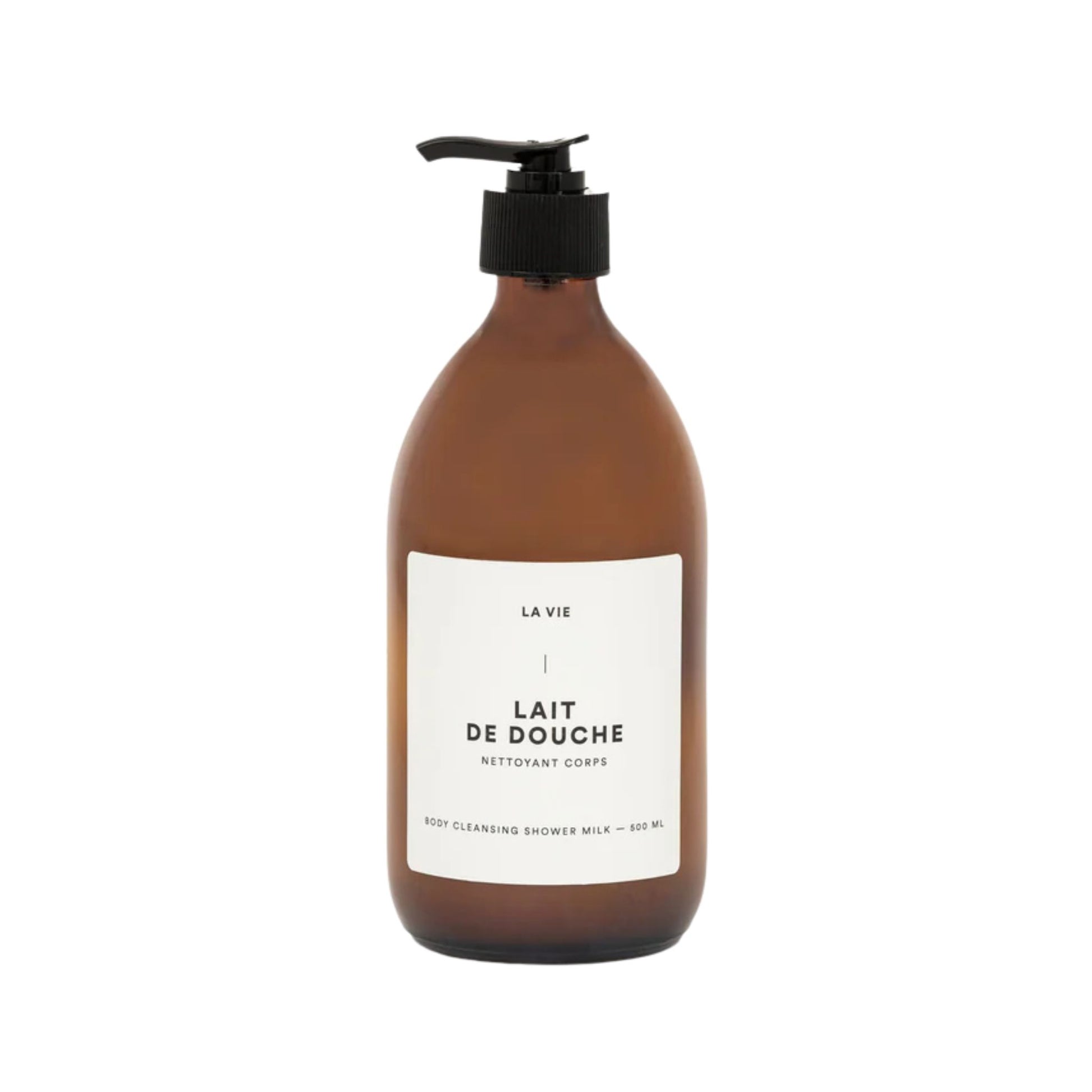 Brown bottle of 'Lait de Douche' with a pump on a white background