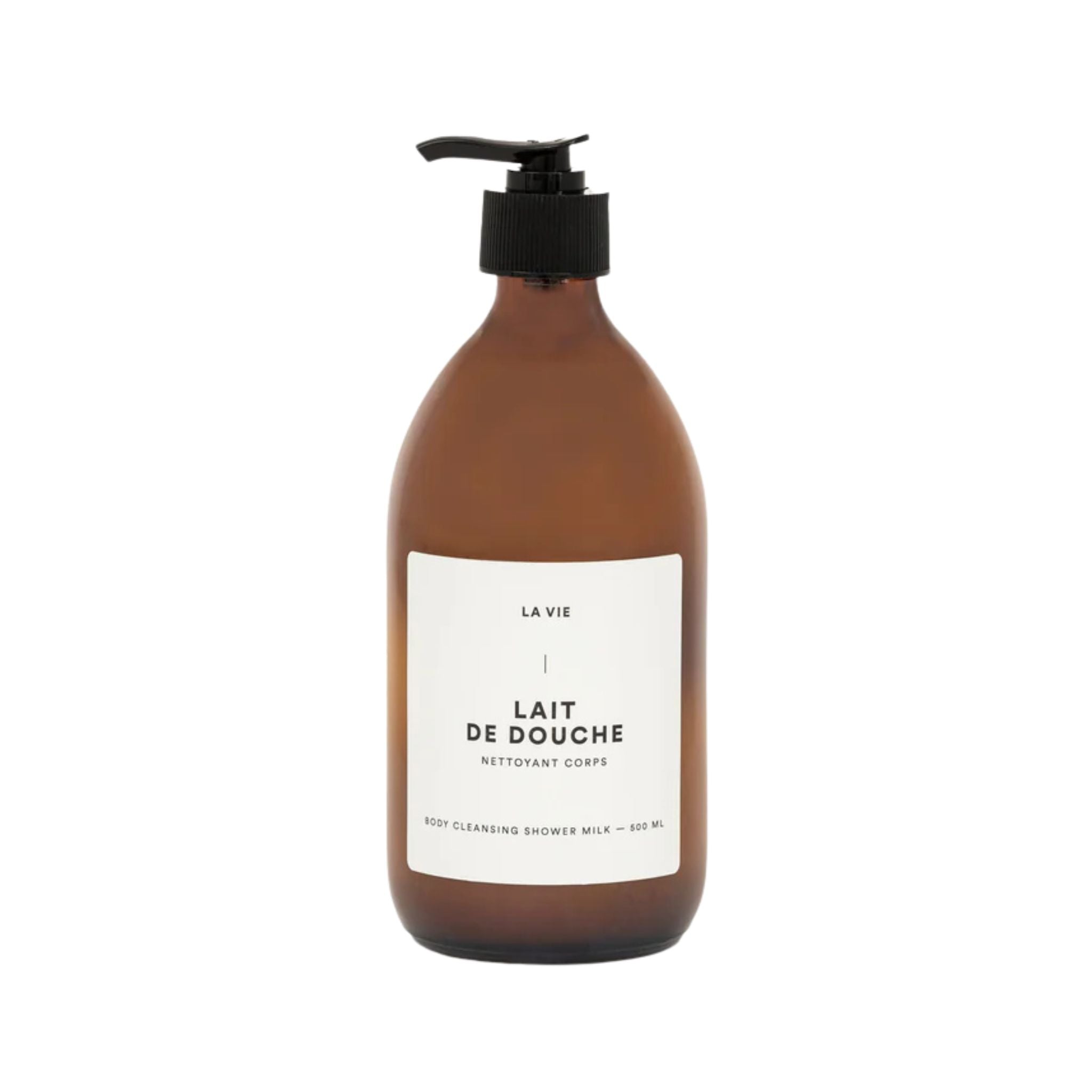 Brown bottle of 'Lait de Douche' with a pump on a white background