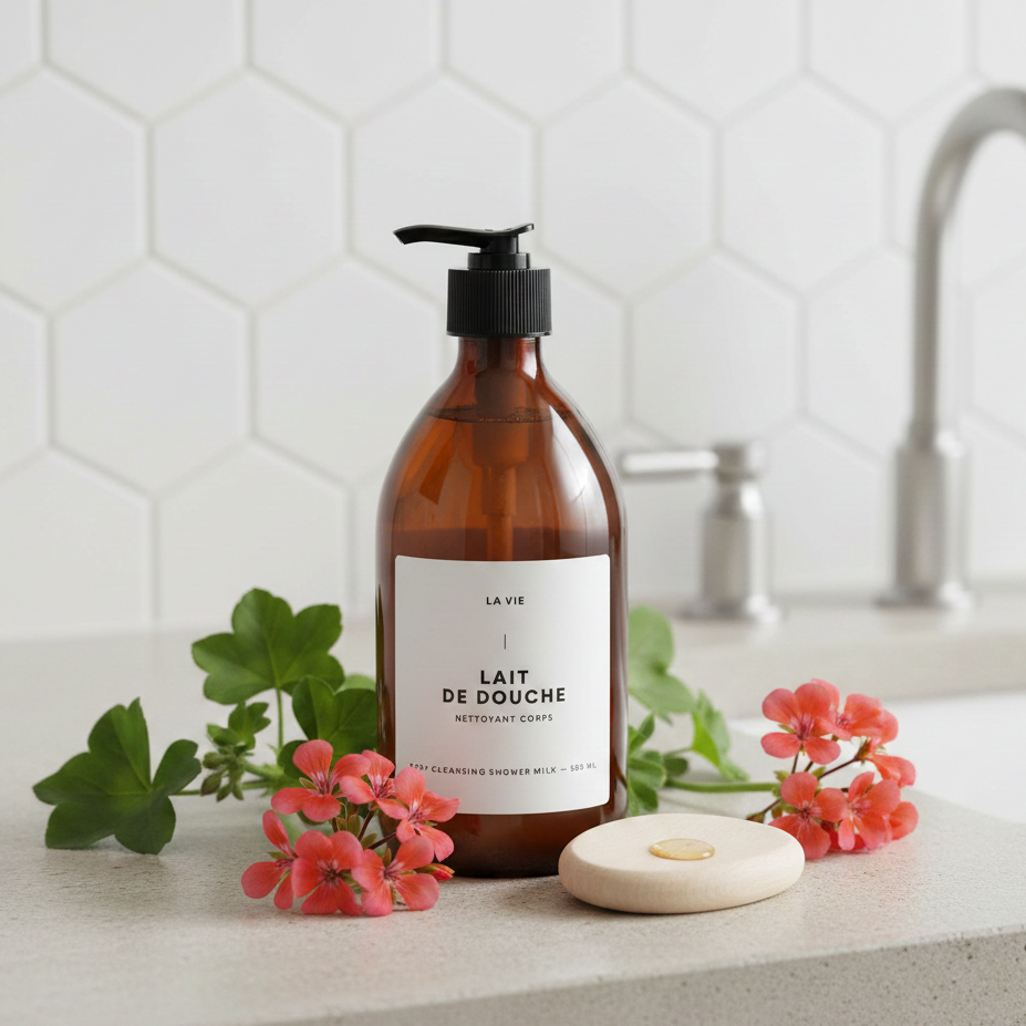 Atelier La Vie Apothicaire Geranium Ho Wood Body Cleansing Shower Milk in a kitchen
