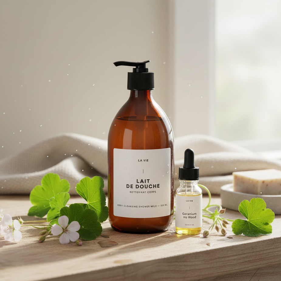 Atelier La Vie Apothicaire Geranium Ho Wood Body Cleansing Shower Milk with dropper.