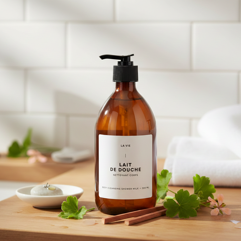 Atelier La Vie Apothicaire Geranium Ho Wood Body Cleansing Shower Milk with leaves.