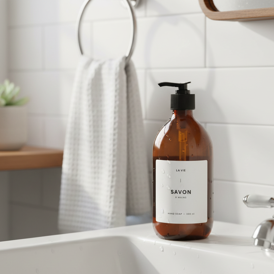 Brown soap bottle with a label on a bathroom counter