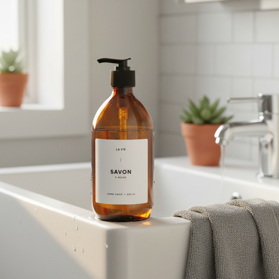 Brown soap bottle labeled 'Savon' on a bathroom counter with a towel and plants in the background.