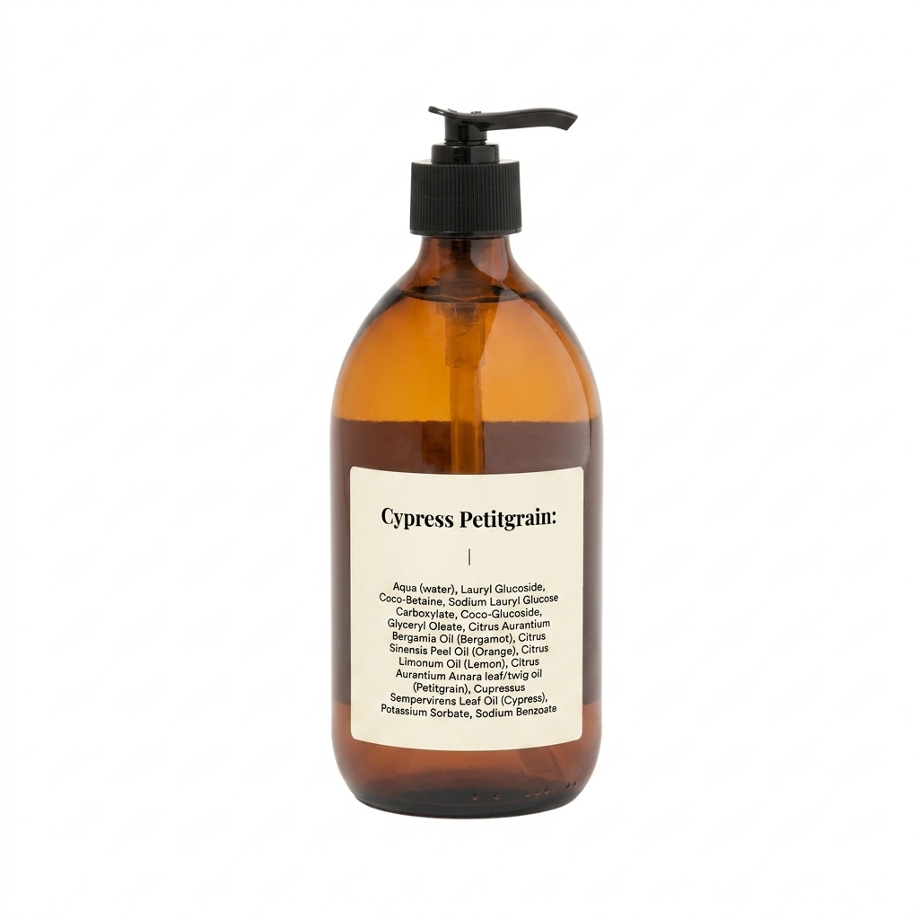Amber glass hand soap bottle with pump and 'La Vie' label on a white background
