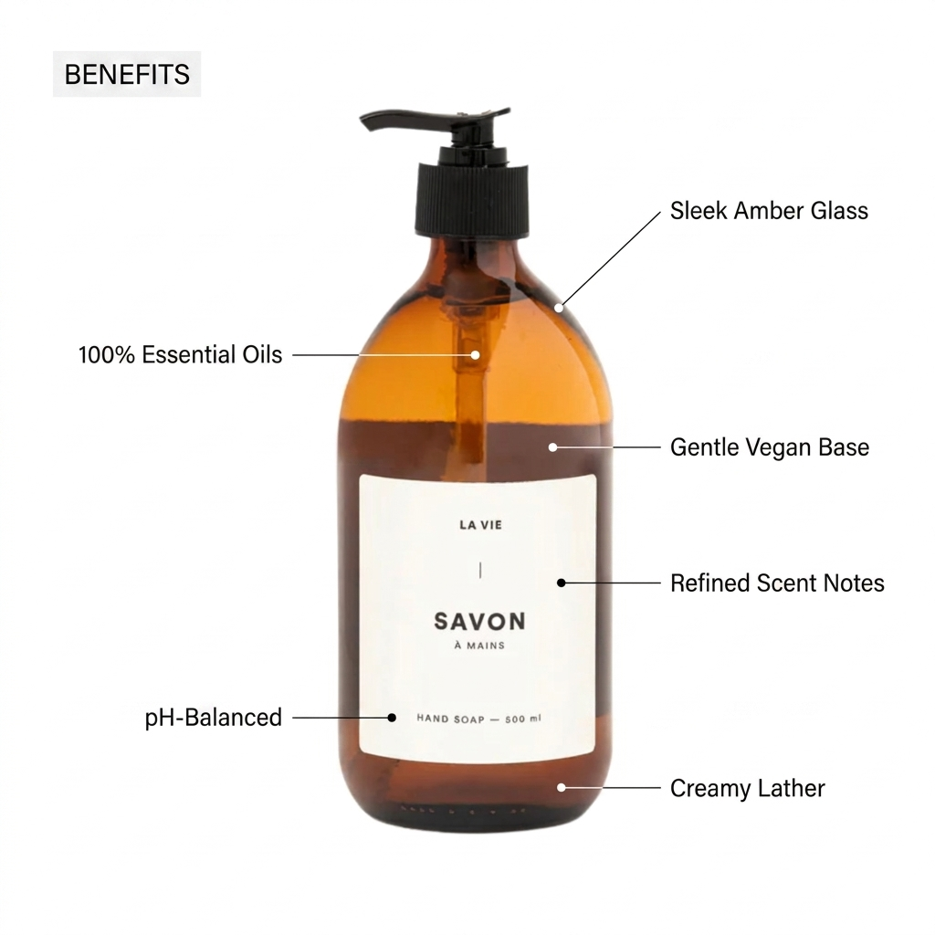 Amber glass hand soap bottle with pump and 'La Vie' label on a white background