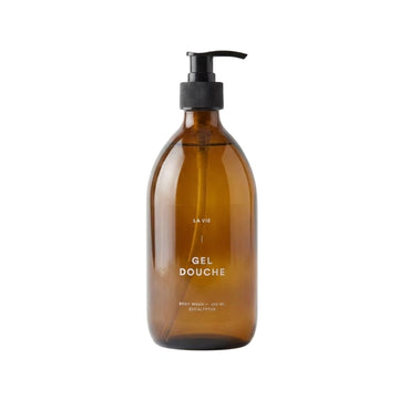 Brown bottle with pump labeled 'Gel Douche' on a white background