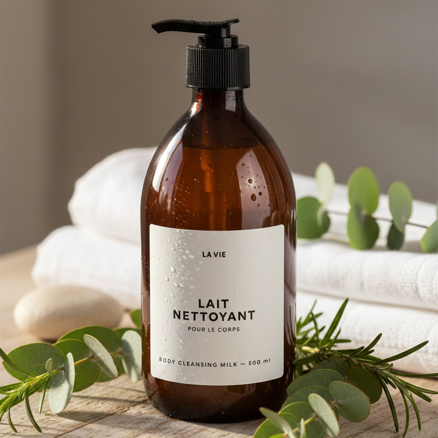 Atelier La Vie Apothicaire Eucalyptus Romarin Body Cleansing Milk on a table with leaves.