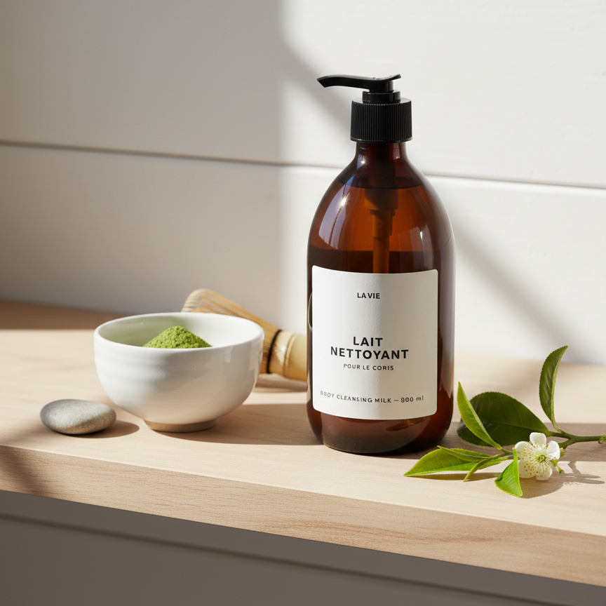 Atelier La Vie Apothicaire Eucalyptus Romarin Body Cleansing Milk with bowl and flower.