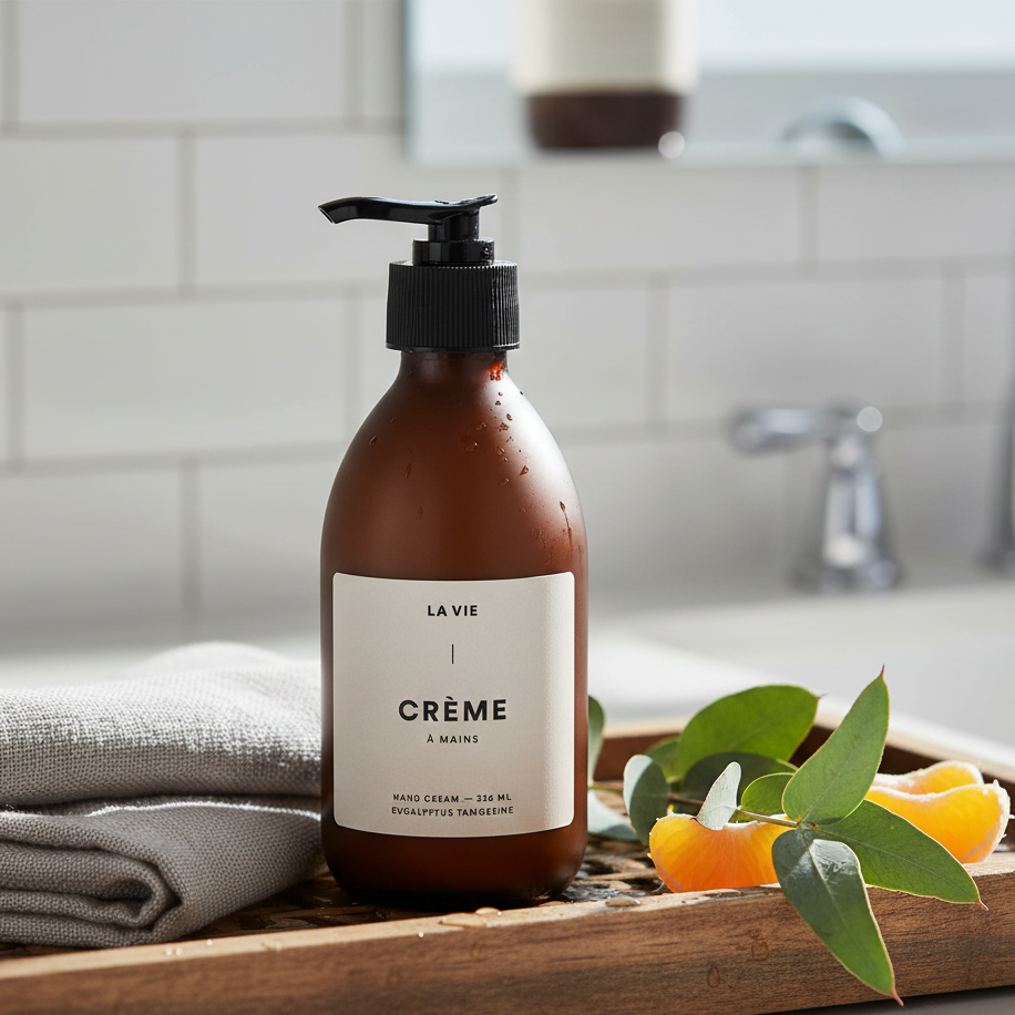 Brown bottle labeled 'LAVIE Creme' on a wooden tray with towels and leaves in a bathroom setting.