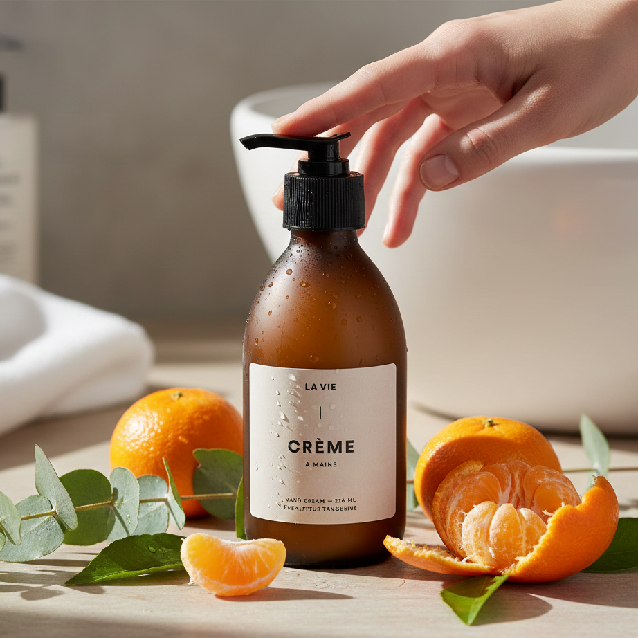 Brown bottle labeled 'La Vie Crème © Mains' with a hand reaching for it, surrounded by oranges and eucalyptus leaves on a wooden surface.