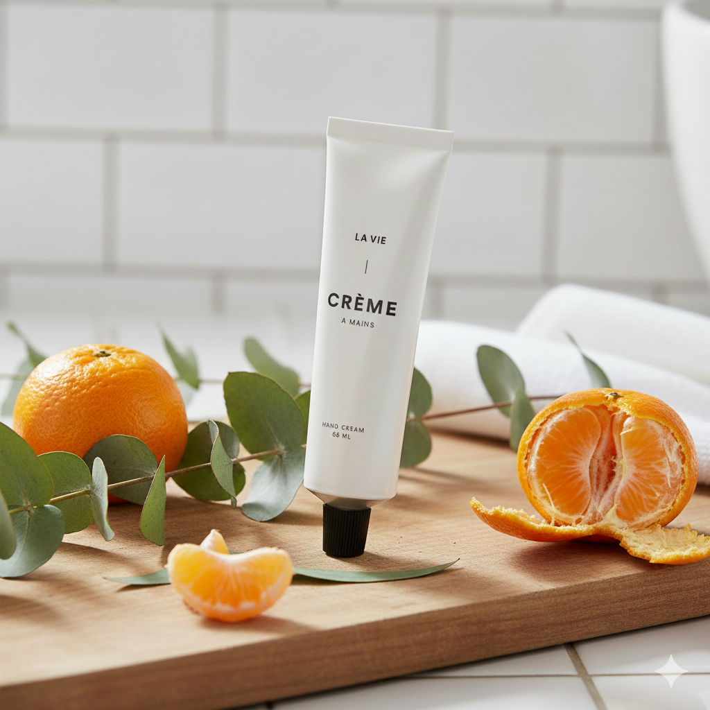 Tube of 'La Vie' crème on a wooden board with oranges and eucalyptus leaves.
