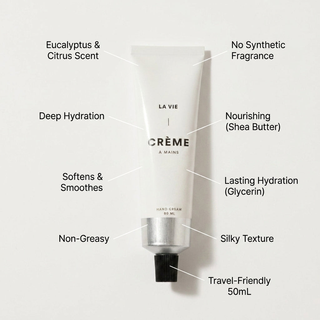 A white tube of LA VIE Crème Hand Cream with a black cap, shown against a light gray background with text callouts describing its features and ingredients.