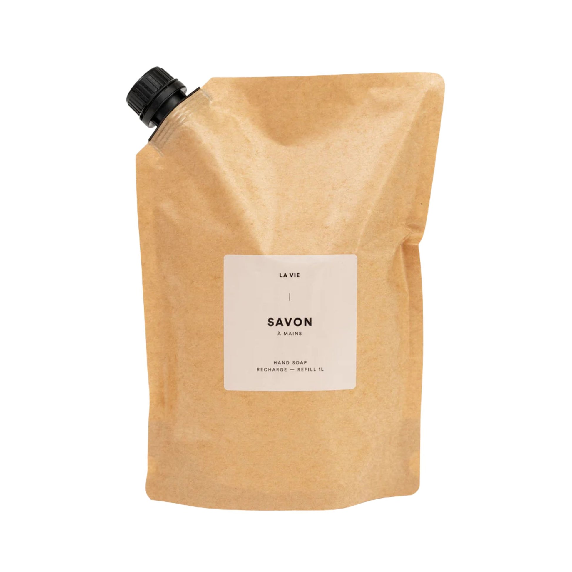 Beige soap refill pouch with a label on a white background