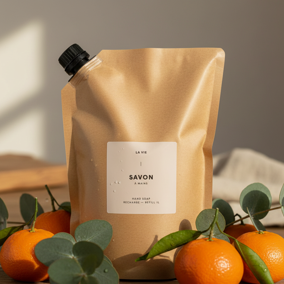 Refillable soap packaging with oranges and eucalyptus leaves on a wooden surface