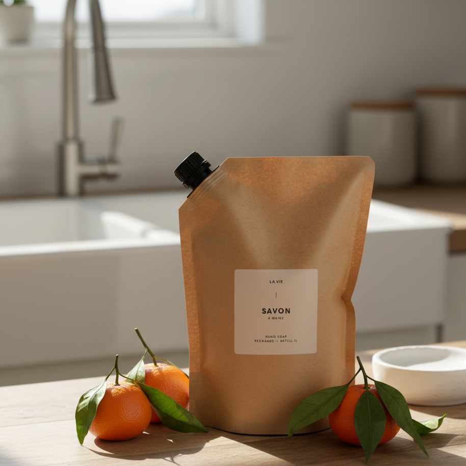 Brown soap packaging with oranges on a wooden surface