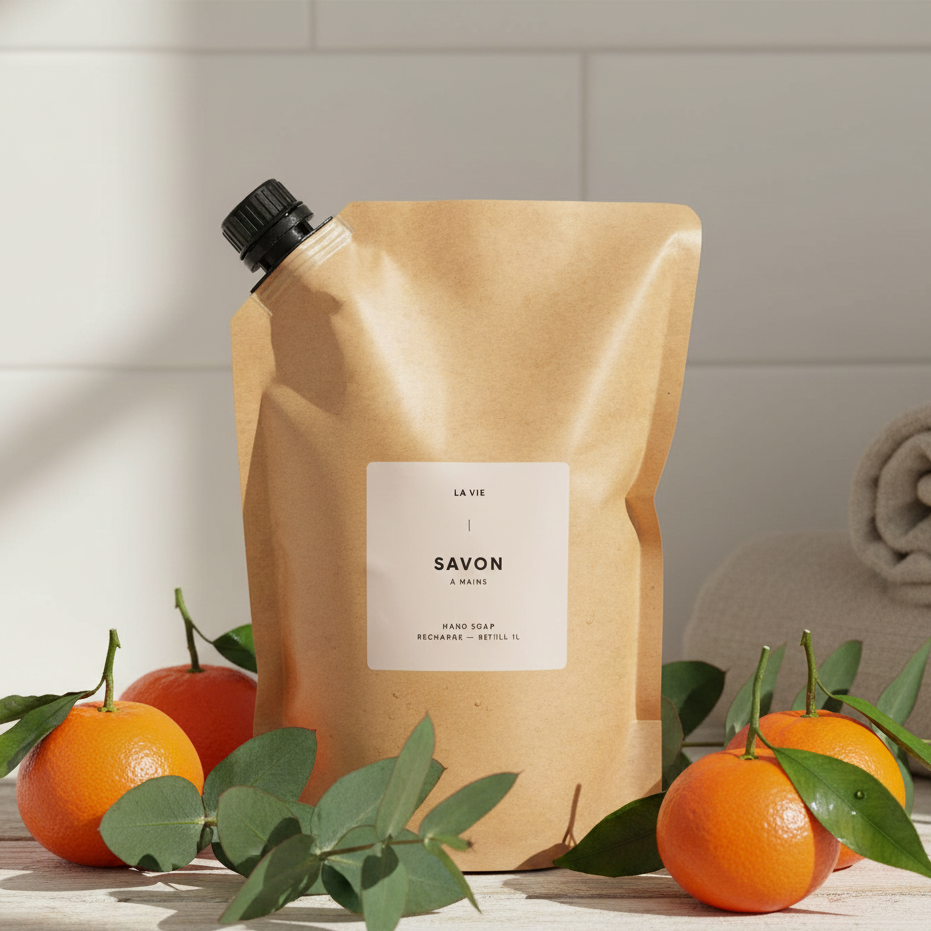 Brown soap packaging with oranges and leaves on a light surface