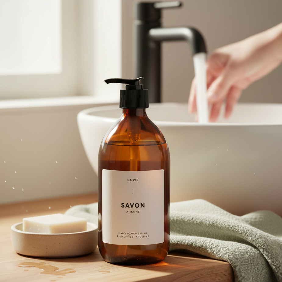 Brown soap bottle labeled 'SAVON A MAINS' on a bathroom counter with a sink in the background.