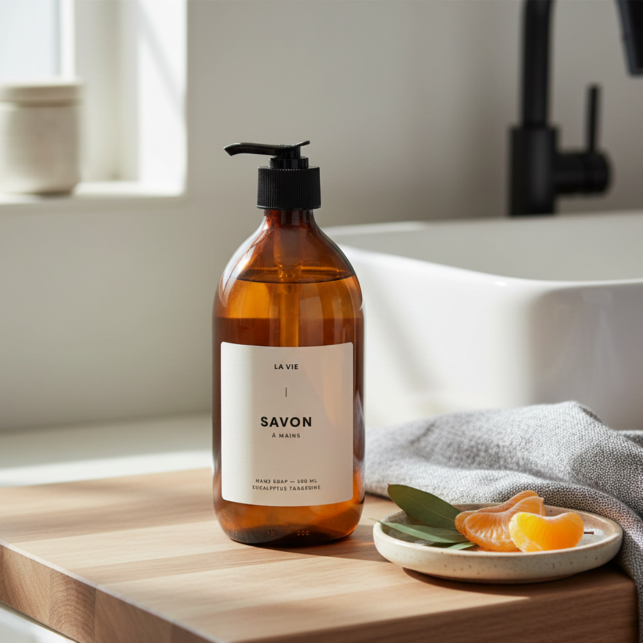 Brown soap bottle labeled 'SAVON' on a wooden surface with a kitchen sink in the background.