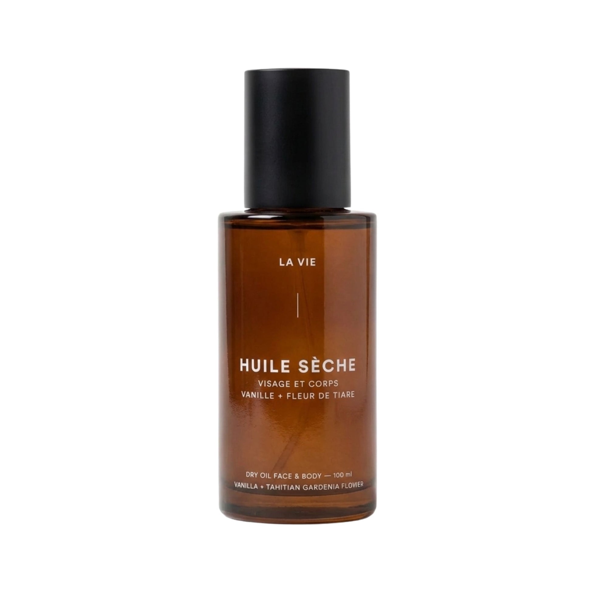 Brown bottle with black cap labeled 'Huile Séche' on a white background