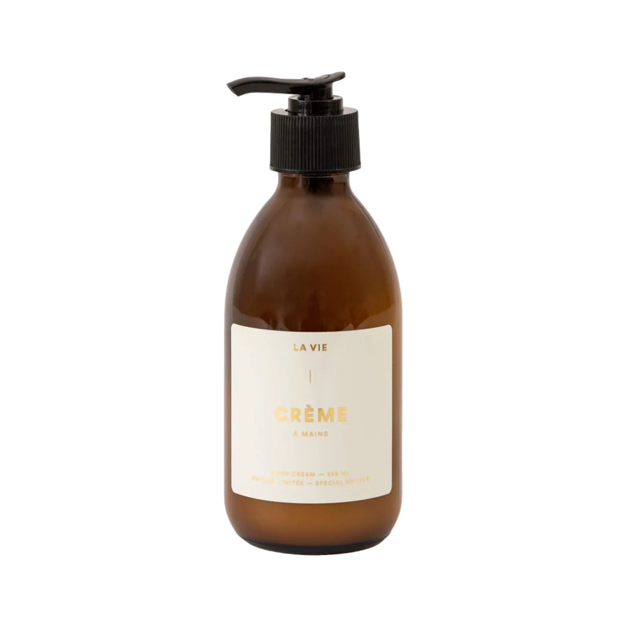 Atelier La Vie Apothicaire hand cream in amber pump bottle on a white background