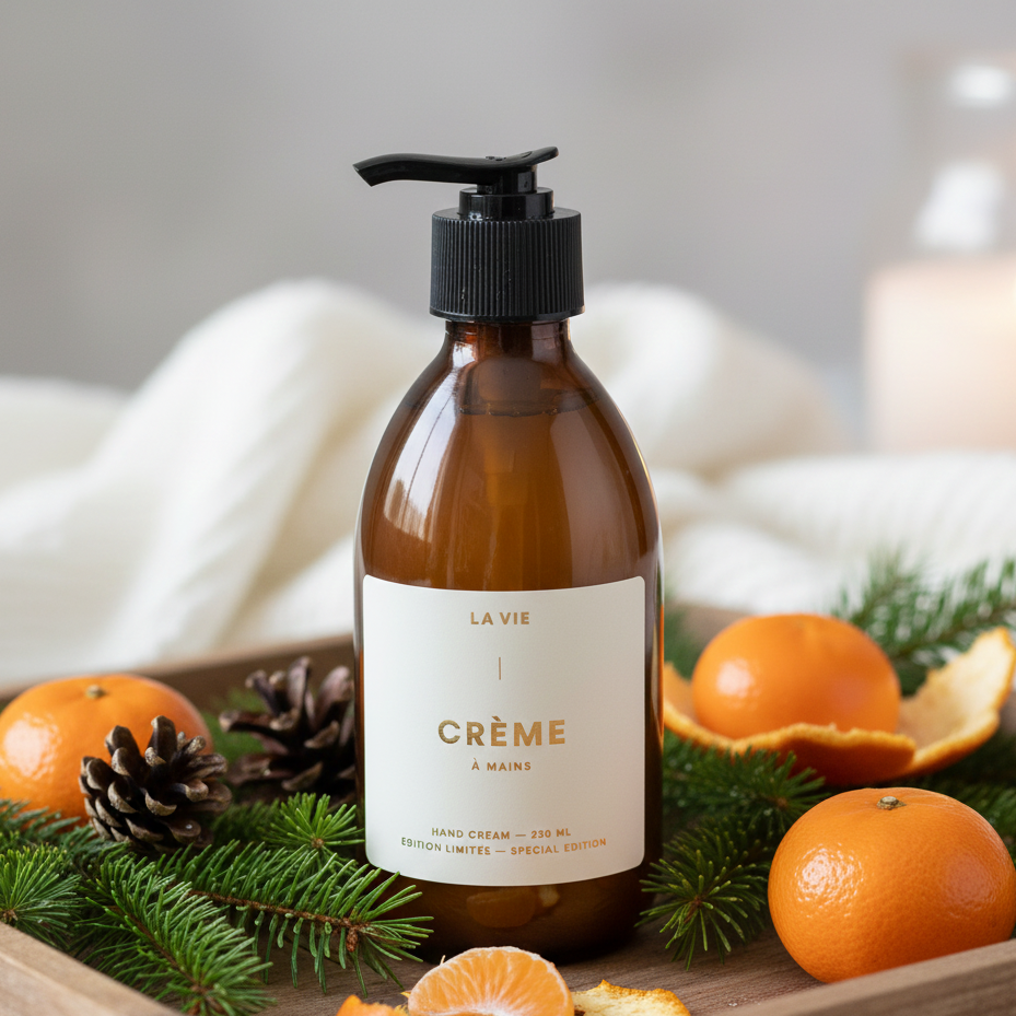 Brown bottle of 'La Vie' crème à mains with oranges and pine branches on a wooden tray.