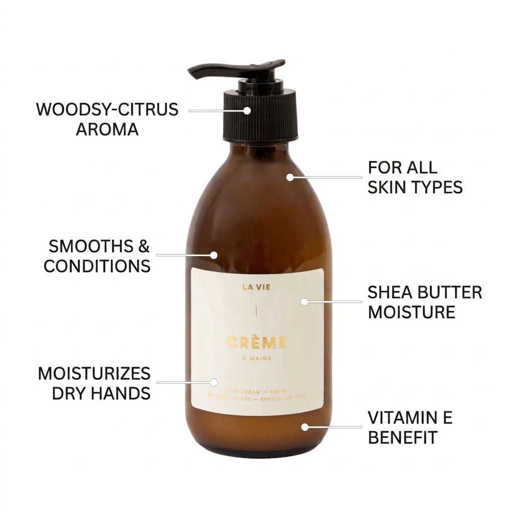 Amber glass pump bottle of La Vie Crème hand cream with a black pump and white label, surrounded by callout lines and text describing its features: woodsy-citrus aroma, smooths and conditions, shea butter moisture, moisturizes dry hands, and vitamin E benefit.