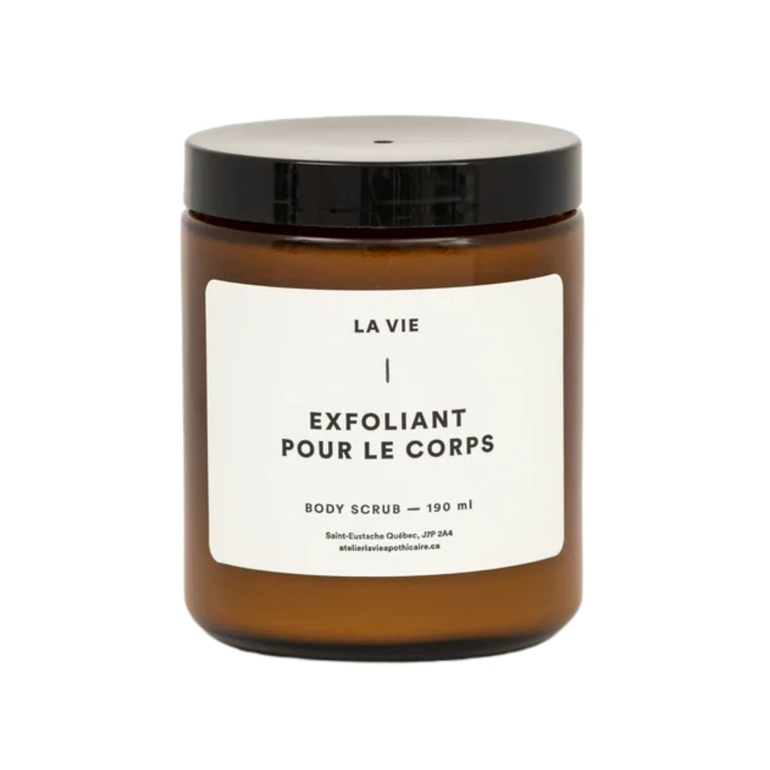 Brown jar of body scrub with a white label on a white background