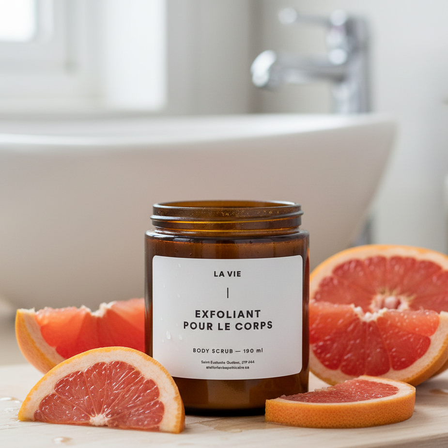 Jar of 'La Vie' body scrub with grapefruit slices on a bathroom counter