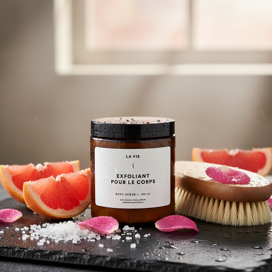 Jar of body scrub with grapefruit and brush on a dark surface