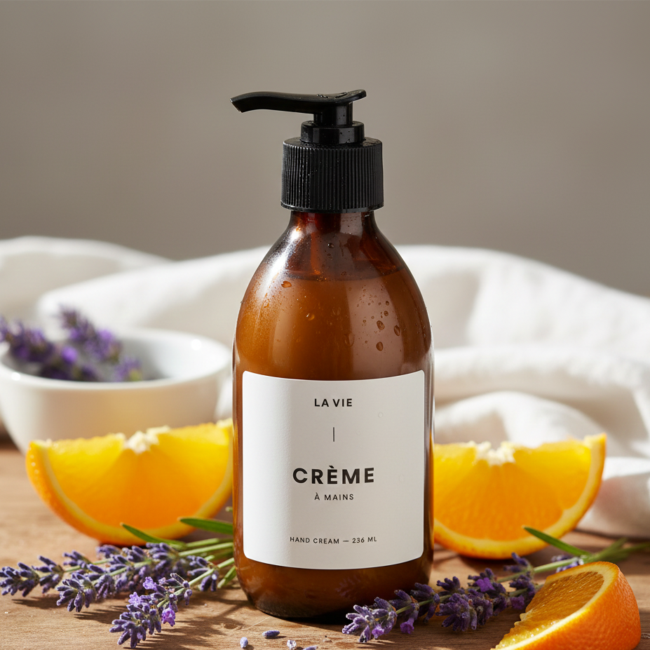 Brown bottle of 'La Vie' hand cream with lavender and orange slices on a wooden surface.