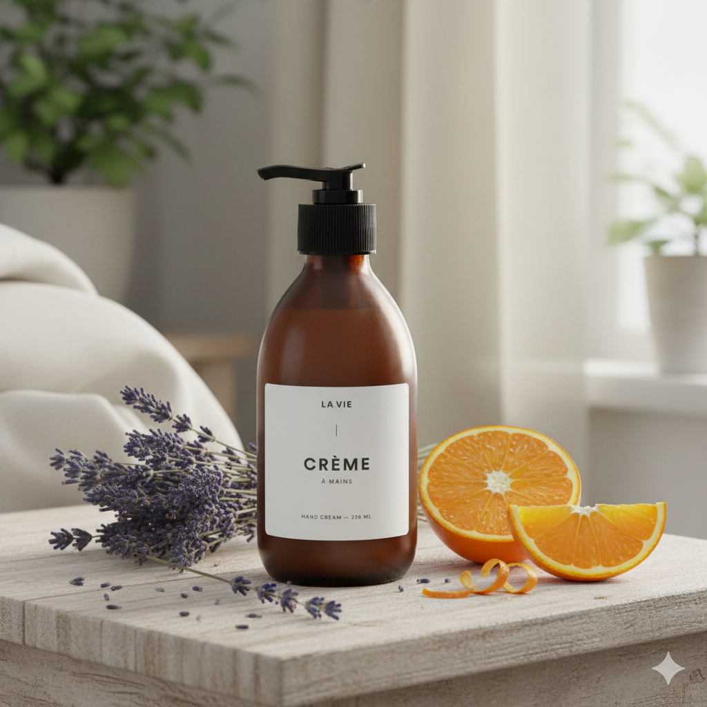 Bottle of 'La Vie' crème on a wooden surface with oranges and lavender.