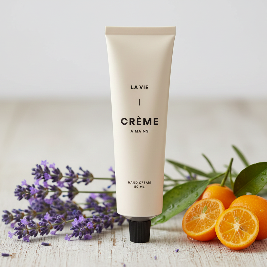 Hand cream tube labeled 'La Vie Crème   Mains' with lavender and oranges on a wooden surface.