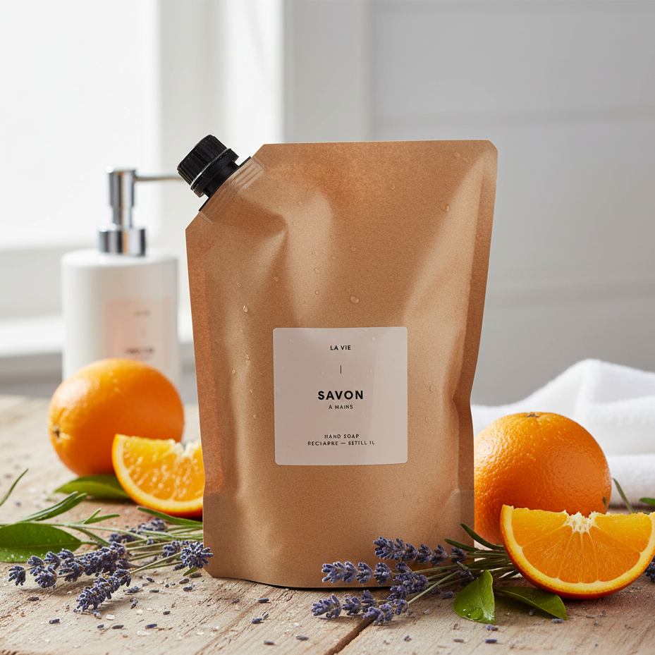 Brown soap packaging with 'La Vie' branding on a wooden surface with oranges and lavender.