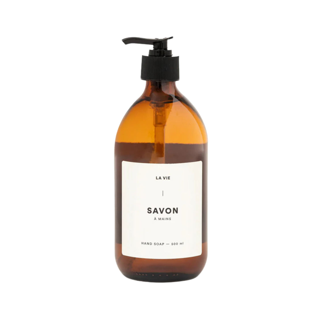 Amber glass hand soap bottle with pump and 'La Vie' label on a white background
