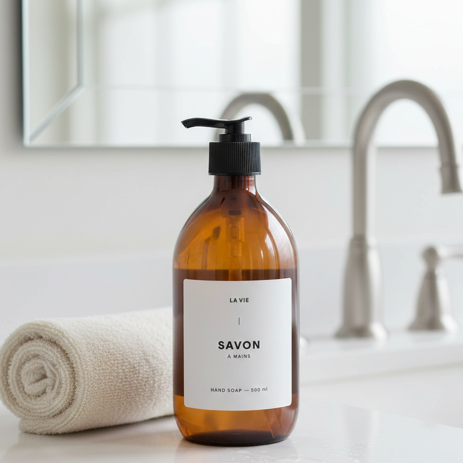 Brown soap bottle with pump on a bathroom counter next to a towel and faucet.