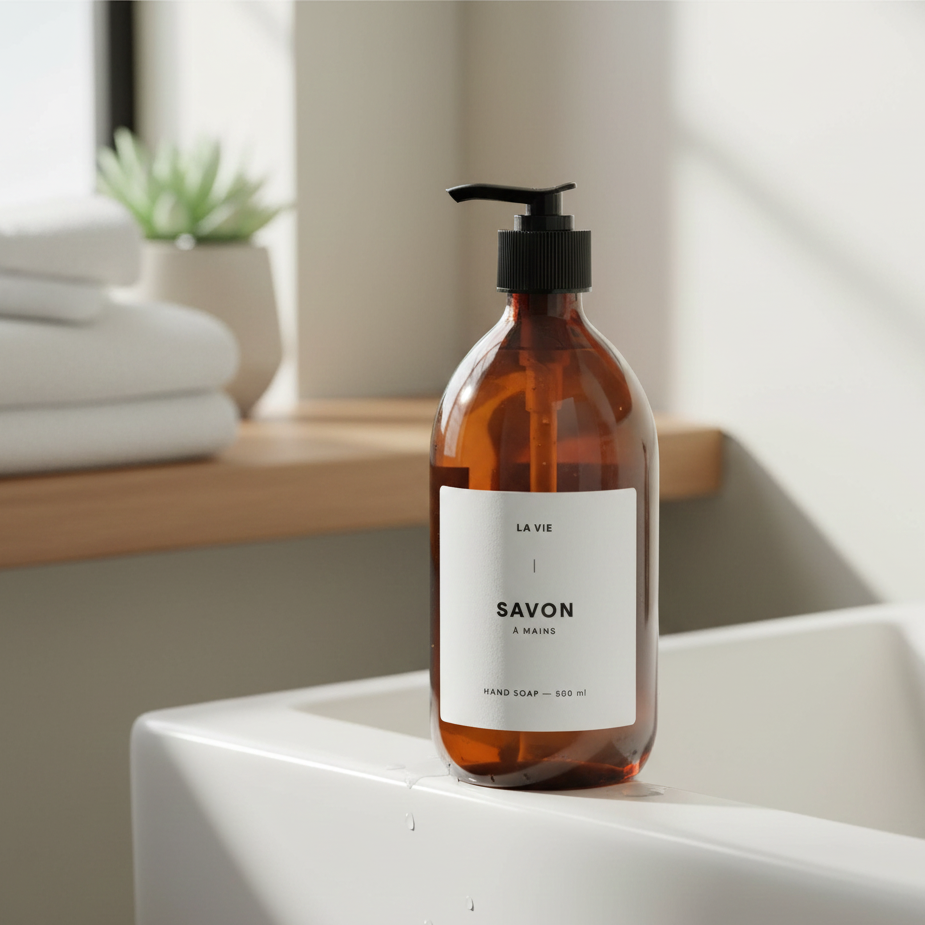 Brown soap bottle with a label on a white sink in a bathroom setting
