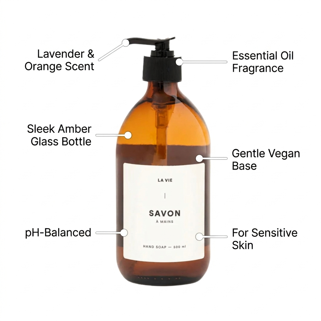 Amber glass hand soap bottle with pump and 'La Vie' label on a white background